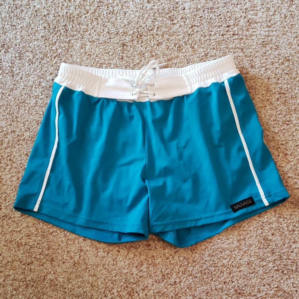 Teal Swim Shorts with White Trim